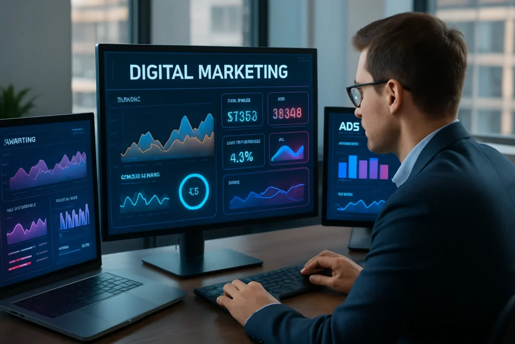 Profissional de marketing analisando dados de campanhas de tráfego pago em ambiente moderno.