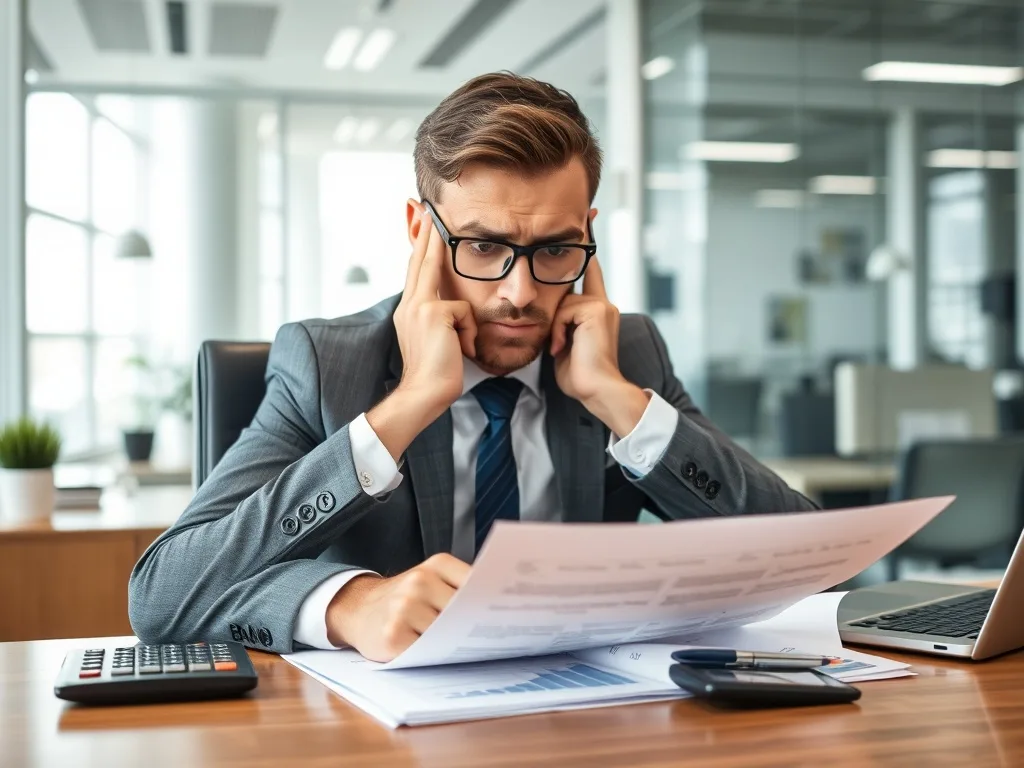 Empresário analisando documentos financeiros preocupado