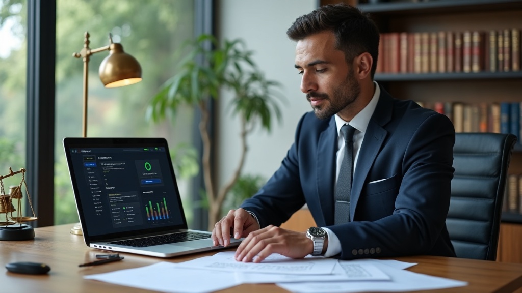 Advogado em escritório moderno analisando automação de marketing jurídico no computador
