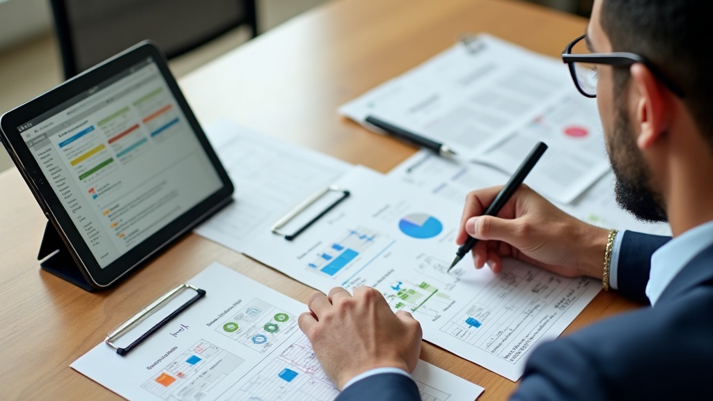 Profissional revisando modelos de e-mail marketing jurídico e métricas em mesa de trabalho.