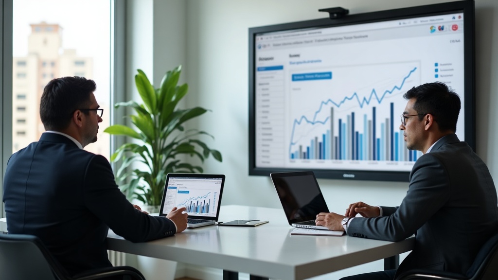 Advogado e cliente analisando automação de marketing jurídico em notebook em escritório moderno.