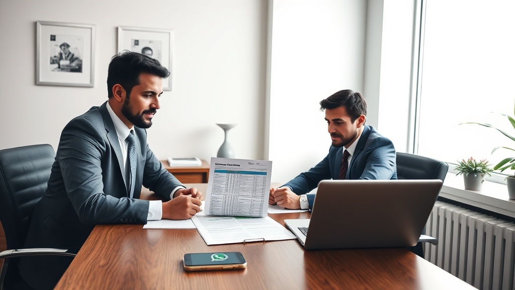 Advogados em escritório pequeno revisando planilha de leads e automações de atendimento.