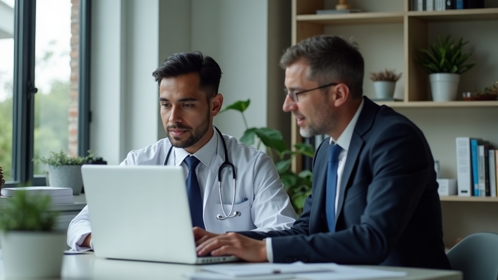 Médico e advogado analisando perfil profissional no LinkedIn em um escritório moderno e iluminado.