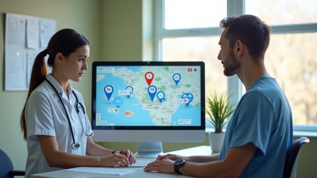 Recepcionista de clínica olhando no computador mapa e dados de buscas locais.