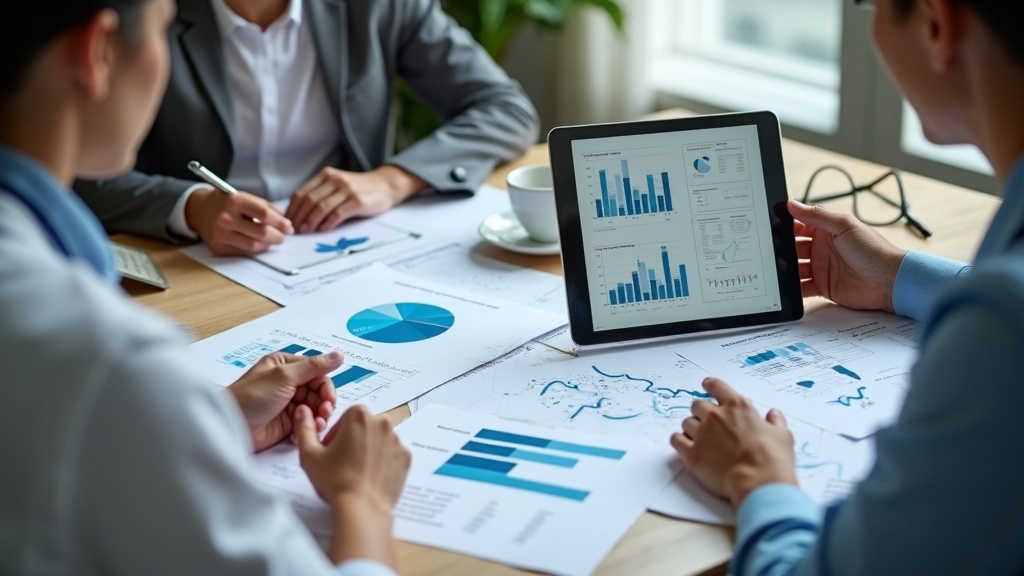 Profissional de saúde e analista revisando relatórios de métricas de SEO em reunião.