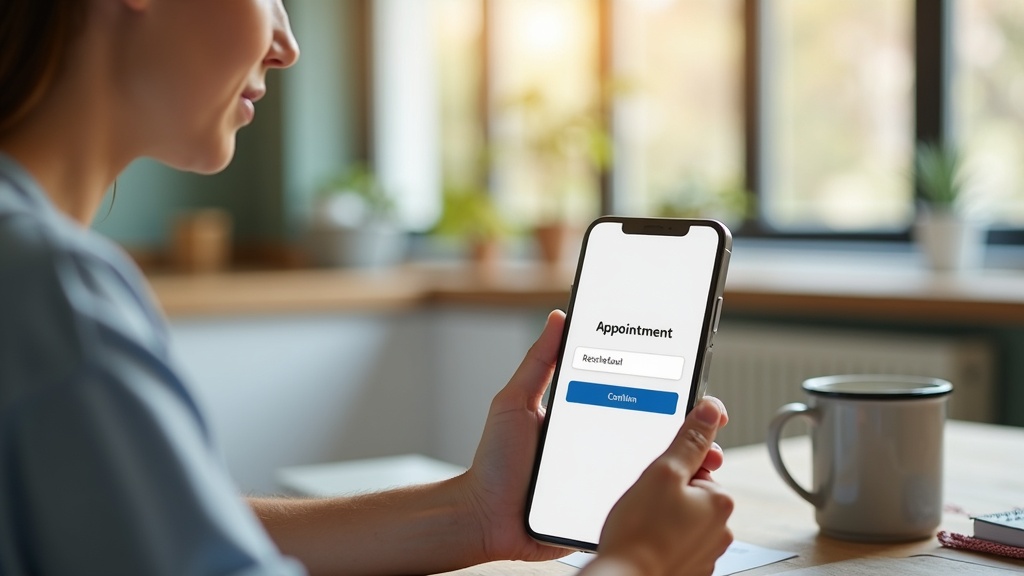 Paciente conferindo lembrete automático de consulta médica no celular em casa