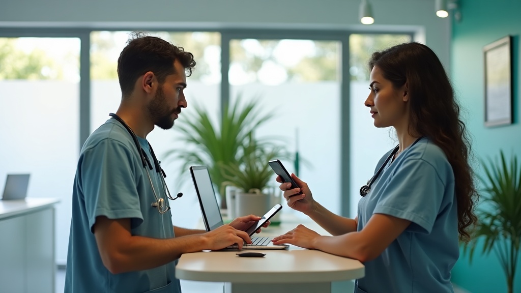 Recepção de clínica médica com atendente usando computador e WhatsApp para agendamentos