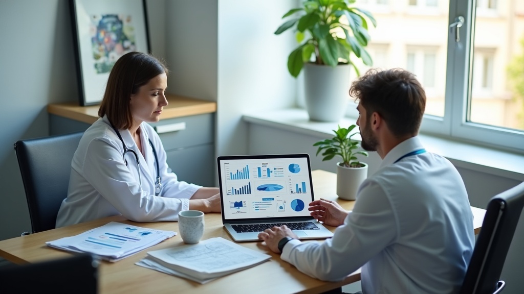 Médico e consultor analisando resultados de Google Ads e SEO em clínica.