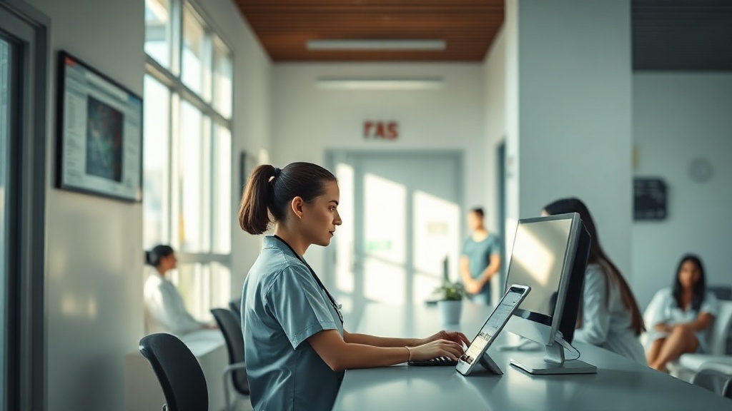 Recepção de clínica médica com atendente ao telefone e computador em ambiente iluminado e organizado