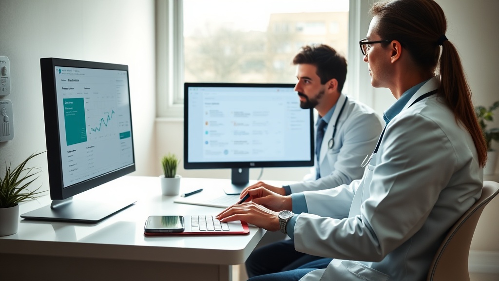 Médico e recepcionista em clínica pequena revisando dados de pacientes e consentimentos em um computador.