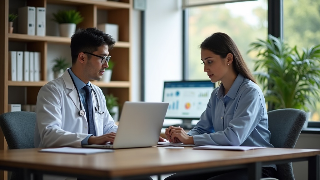 Médico e advogada analisando estratégias de marketing digital em notebook em escritório profissional.