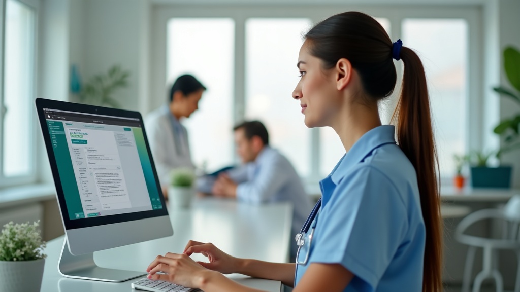 Recepcionista de clínica enviando mensagem de boas-vindas pelo WhatsApp Web em um ambiente claro e organizado.