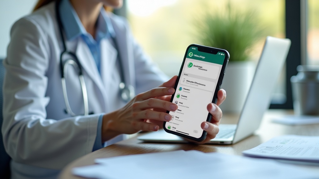 Administrador de clínica configurando mensagens automáticas no WhatsApp Business pelo celular em sua mesa de trabalho.