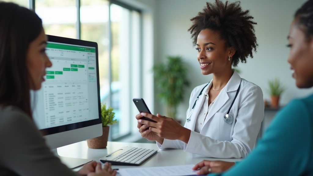 Recepção de clínica usando WhatsApp no celular para organizar agendamentos com pacientes.