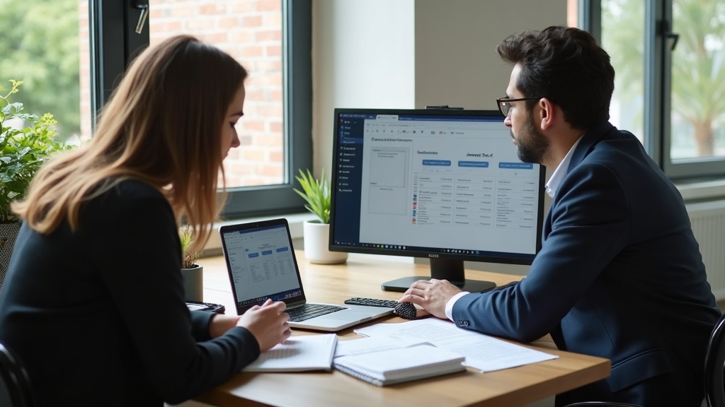 Advogado revisando proposta de pacote de SEO com consultor de marketing em escritório.
