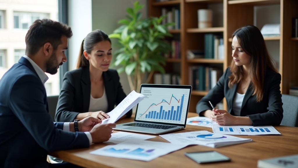 Advogados em escritório pequeno analisando relatórios de marketing e SEO em reunião.