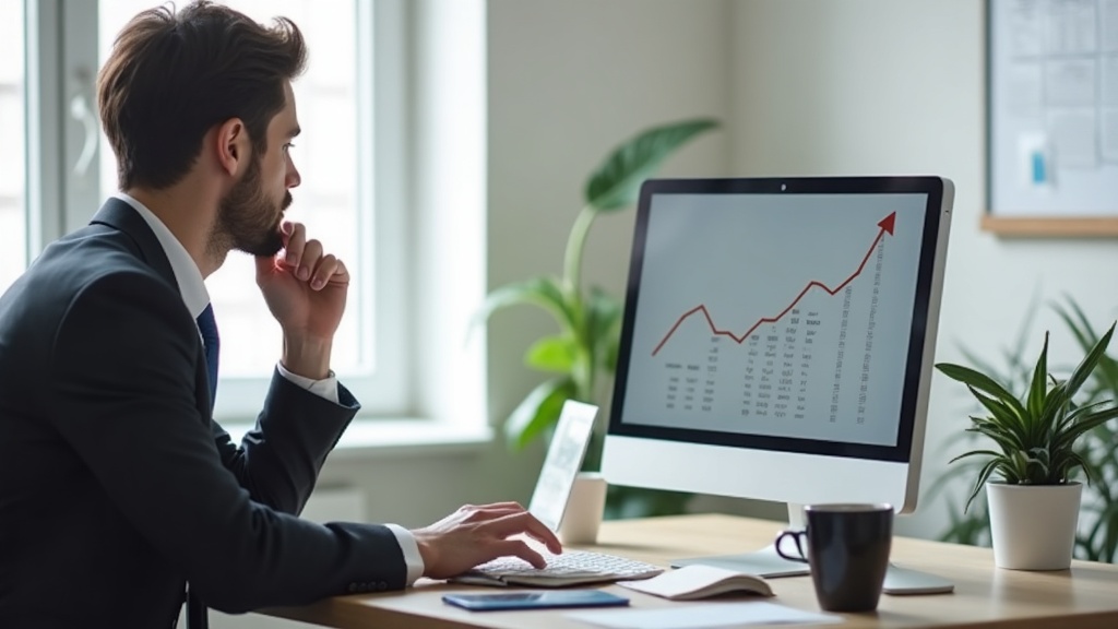 Advogado analisando no computador a evolução mensal do retorno da automação de marketing.
