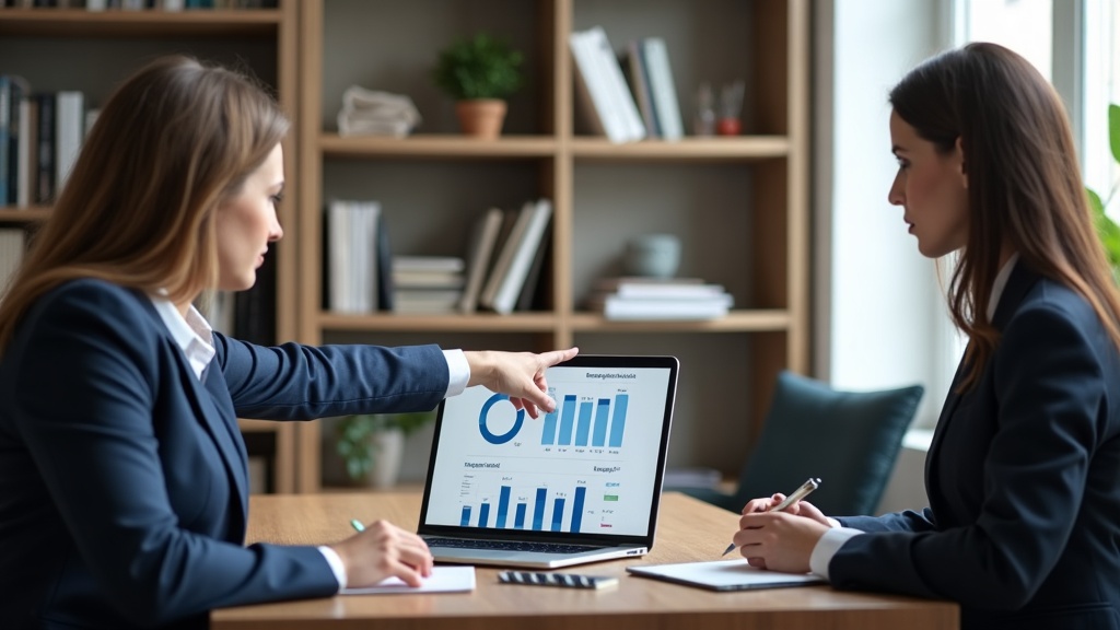Dois advogados analisando gráficos de ROI de automação de marketing em um notebook no escritório.