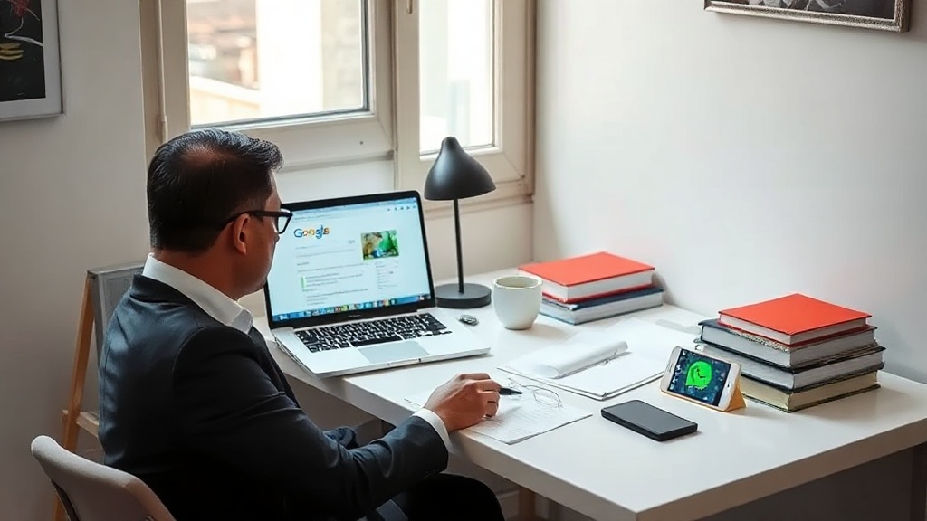 Advogado autônomo trabalhando em frente ao notebook, ajustando site para aparecer no Google.
