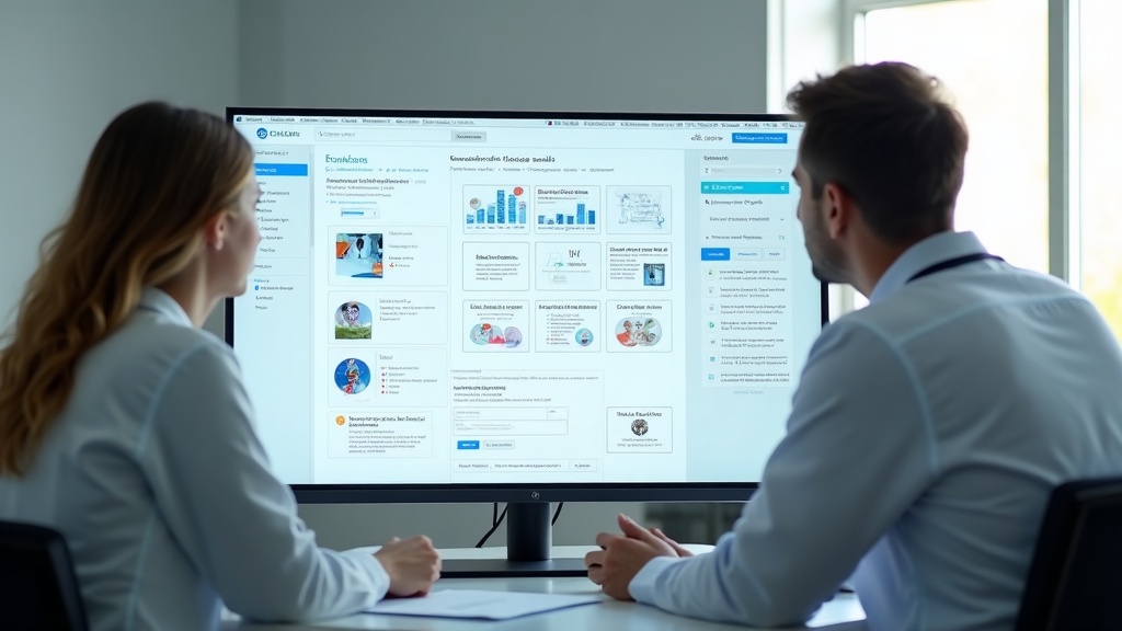 Médico e profissional de marketing revisando a estrutura do site da clínica em um monitor grande.