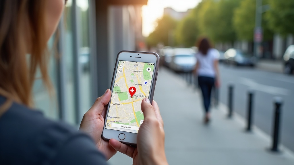 Pessoa segurando celular com mapa aberto indicando a localização de uma clínica médica na cidade.