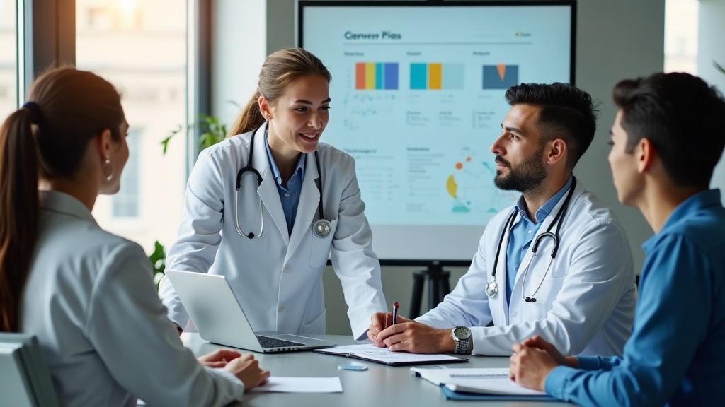 Equipe de clínica médica analisando estratégia de SEO em notebook em sala de reunião.