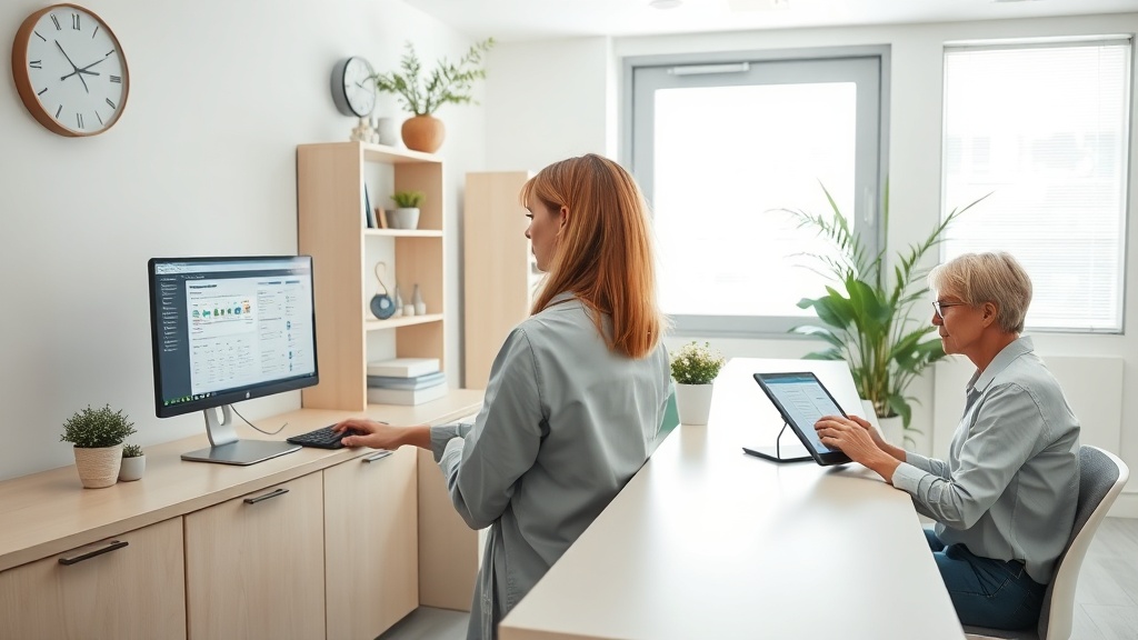 Recepcionista de clínica pequena configurando sequência de e-mails automáticos no computador