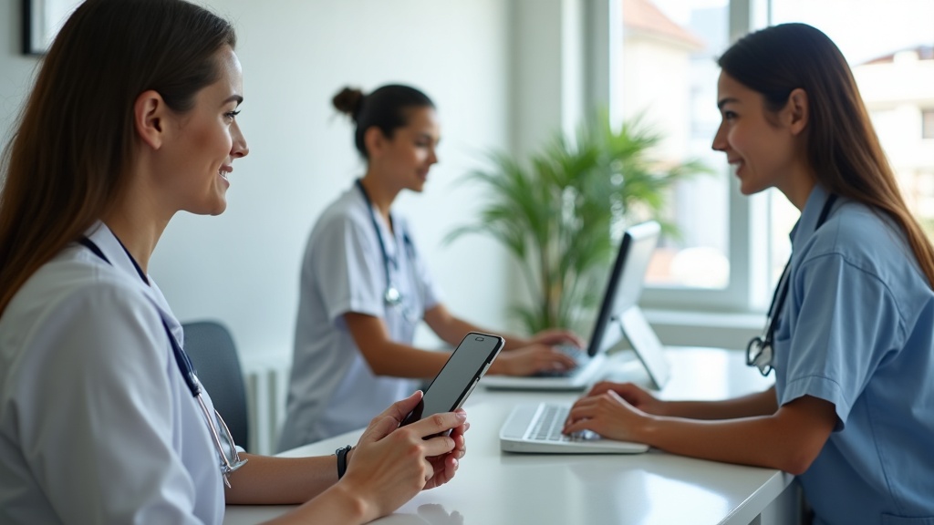 Recepção de clínica pequena com paciente agendando consulta pelo celular.