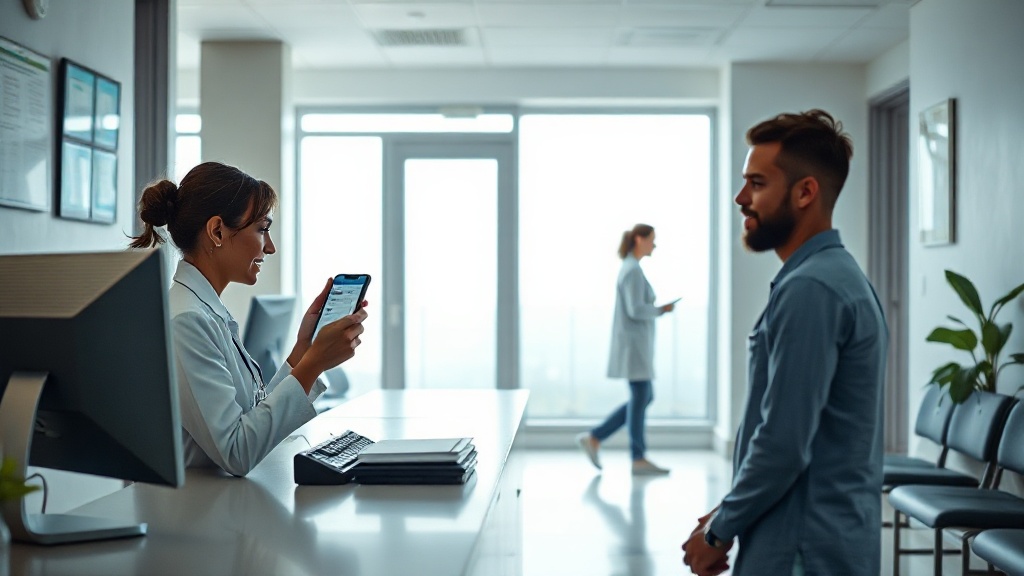 Recepção de clínica com secretária usando computador e celular para atender pacientes.