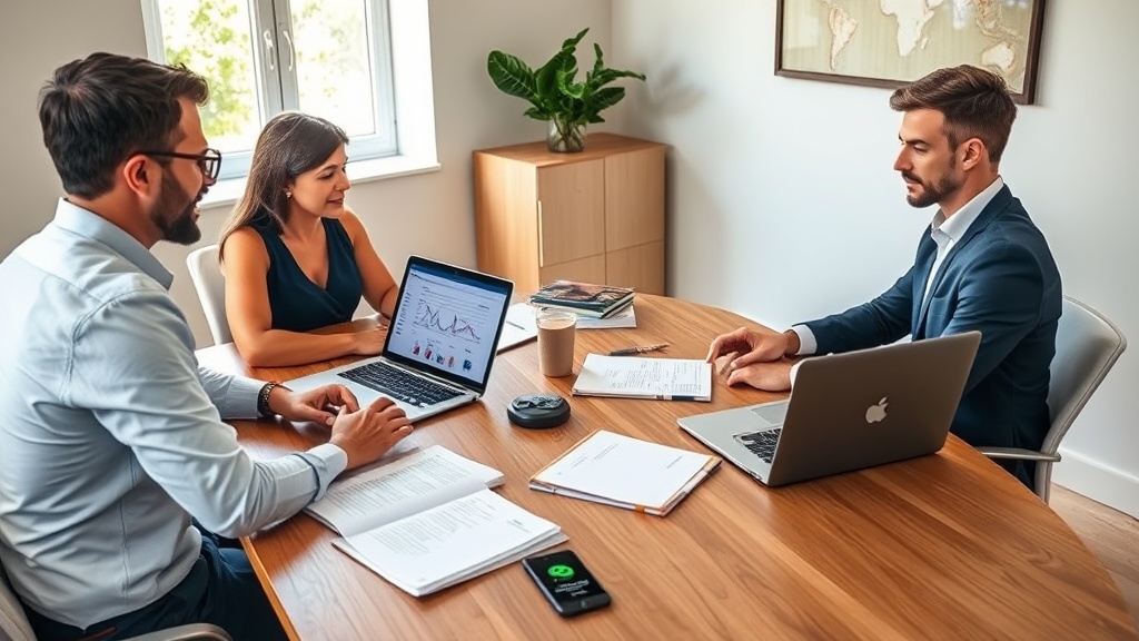 Equipe de pequeno escritório de advocacia reunida em mesa com notebooks planejando automação de marketing.