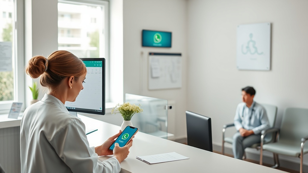 Recepcionista de clínica usando WhatsApp no balcão para confirmar consultas com pacientes.