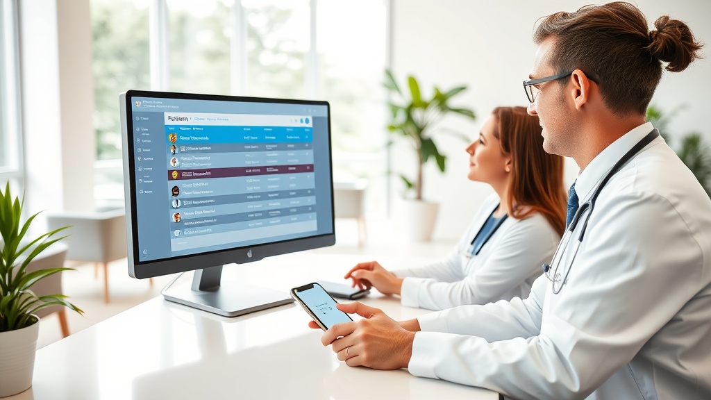 Recepção de clínica médica com equipe analisando lista de pacientes e mensagens em celular sobre retornos.