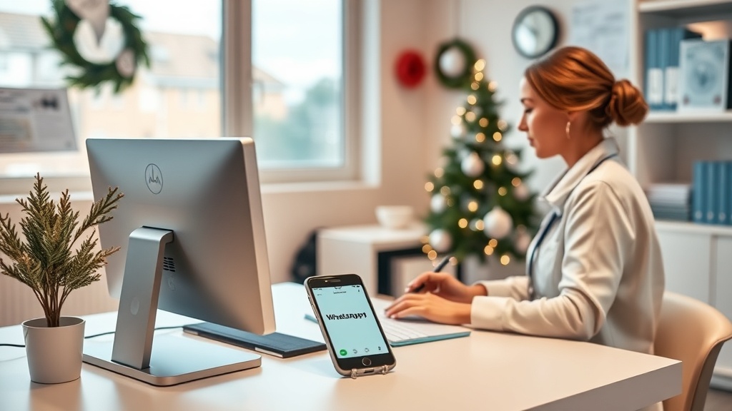 Recepção de clínica médica com atendente usando computador e celular com lembrete de consulta em dezembro.