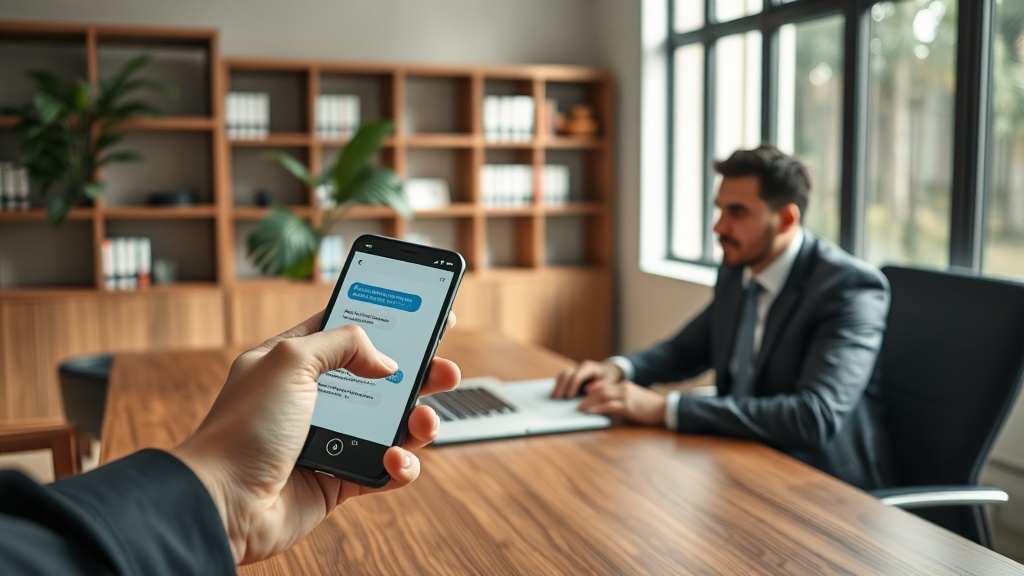 Advogado em escritório usando notebook com chatbot enquanto cliente interage pelo celular
