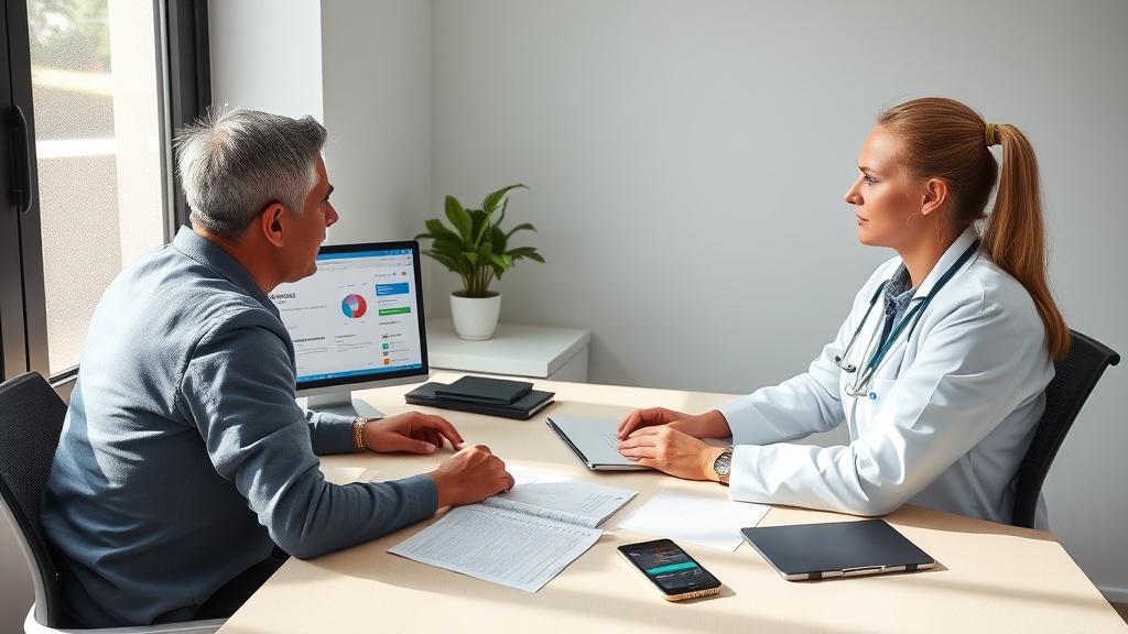 Médico e profissional de marketing analisando conteúdo de site de clínica no computador