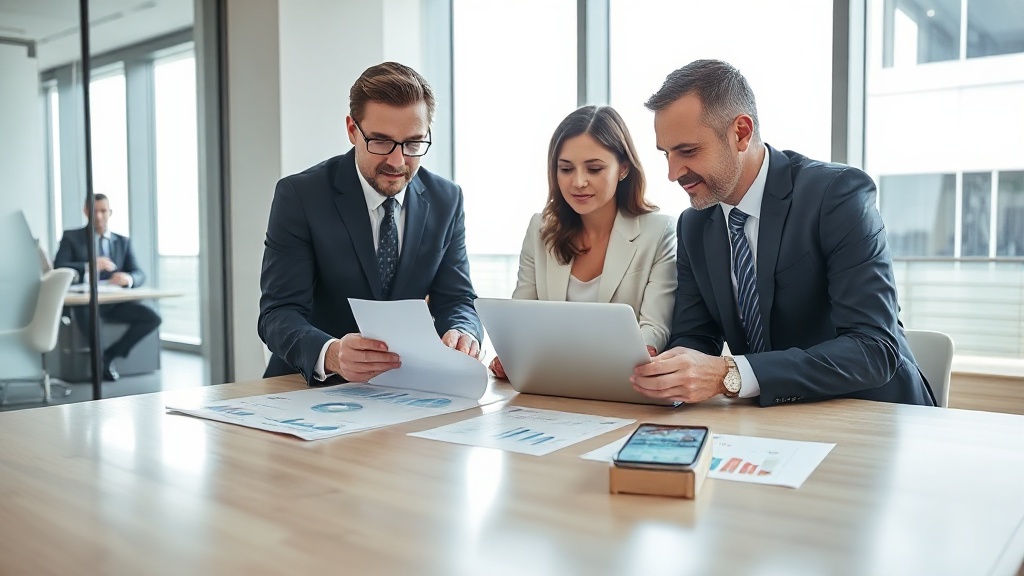 Equipe de advocacia analisando métricas de marketing digital em laptop em escritório moderno.
