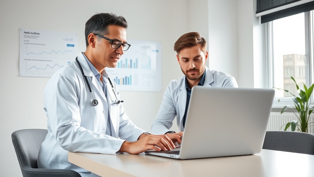 Equipe de clínica médica analisando desempenho do site e SEO em um notebook no escritório