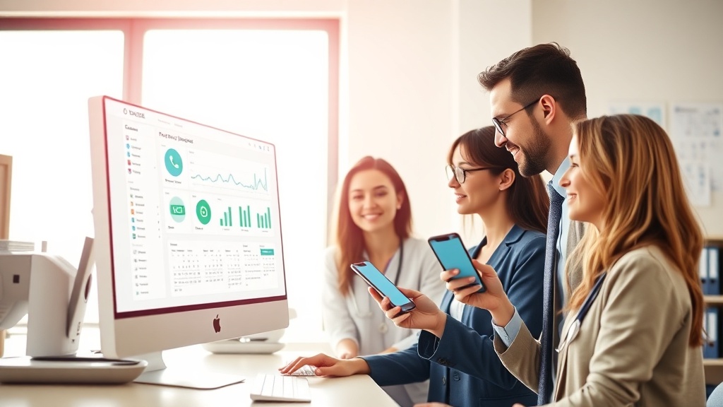 Recepcionistas de clínica usando computador e celular para gerenciar funil de vendas automatizado