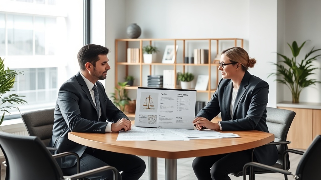Advogados e consultor de marketing analisando no notebook a estrutura de landing pages de um escritório de advocacia.