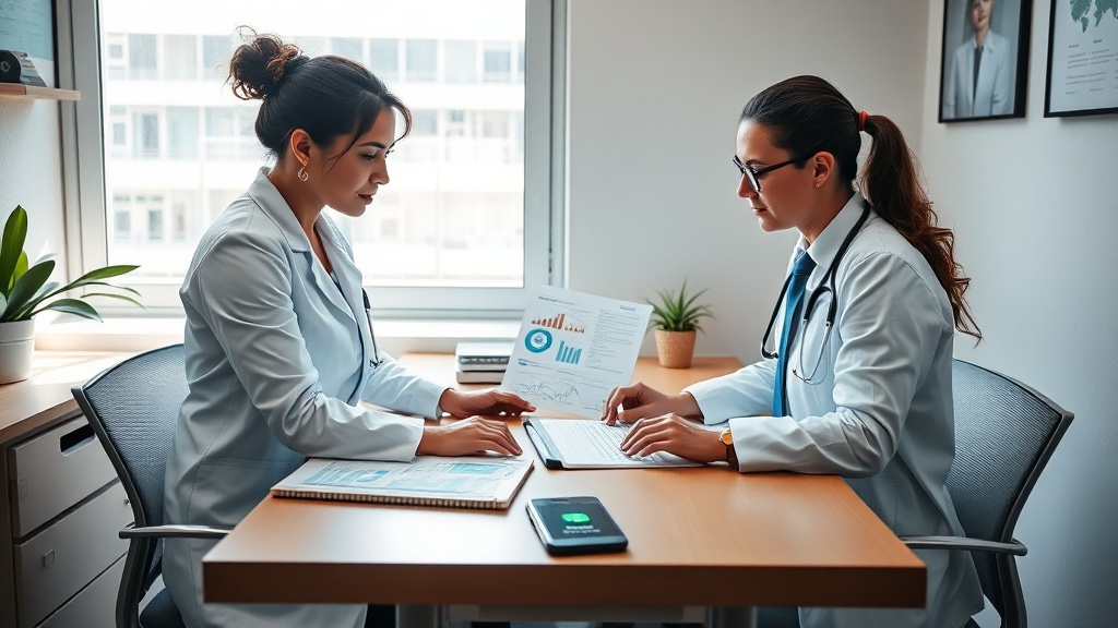 Gestora de clínica pequena analisando métricas de marketing em laptop ao lado de médico no consultório