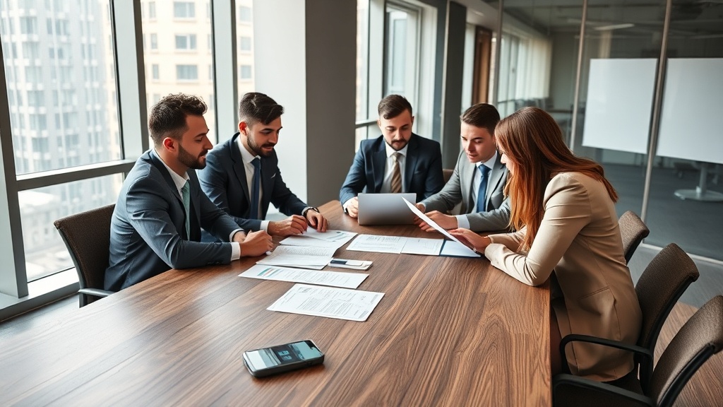Equipe de escritório de advocacia revisando página de serviços e formulários de contato em reunião.