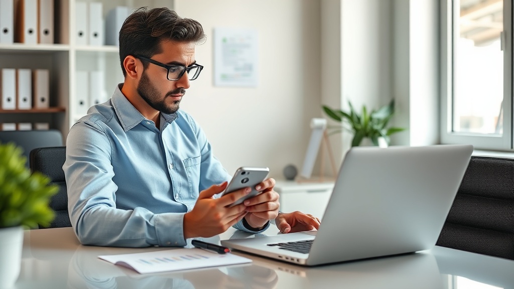 Profissional analisando conversas de WhatsApp no escritório para melhorar a conversão de orçamentos em contratos.