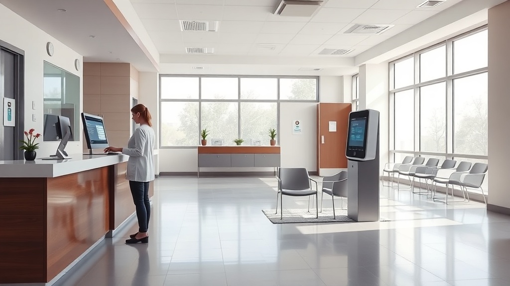 Recepção de clínica moderna com sala de espera quase vazia e recepcionista olhando a agenda no computador.