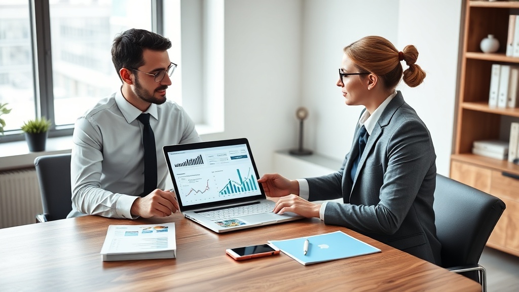 Sócios de um pequeno escritório de advocacia analisando gráficos de marketing em um notebook.