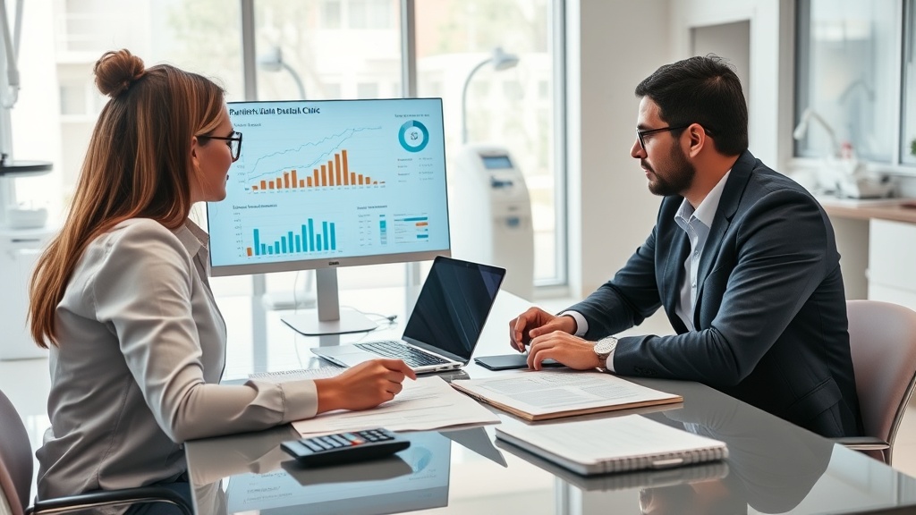 Gestora de clínica analisando com consultor planilhas de leads e faturamento em um consultório moderno