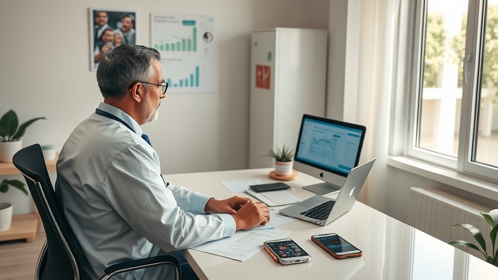 Médico e gestora de clínica pequena analisando estratégias de SEO e anúncios pagos no computador.