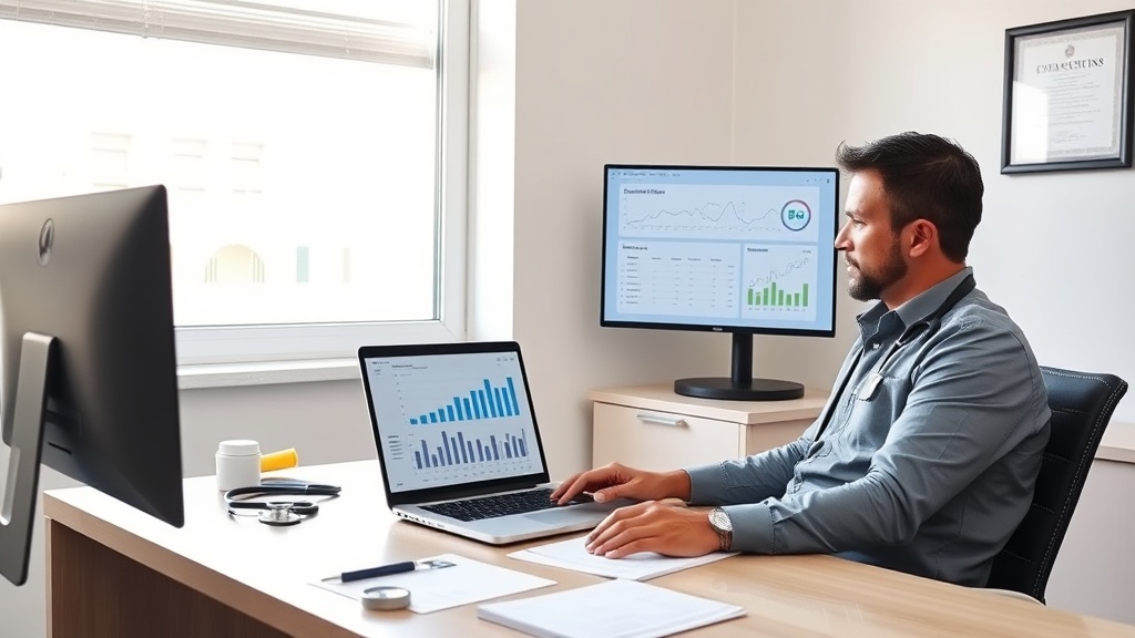 Gestor de clínica pequena analisando resultados de SEO e anúncios no computador em um consultório moderno.