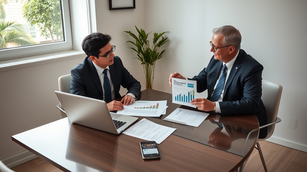 Advogados em pequeno escritório analisando resultados de marketing no computador e em relatórios impressos.