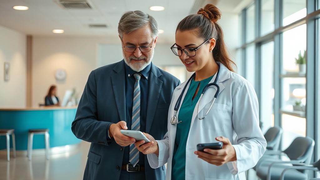 Gestor de marketing e médica avaliando no celular a velocidade do site da clínica na recepção.