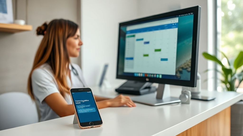Recepcionista de clínica conferindo agenda no computador com celular ao lado mostrando alerta de lembrete de consulta.
